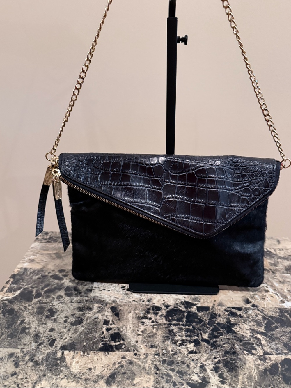 Henri Bendel Black Calf Hair & Croc Embossed Convertible Crossbody Clutch Bag - Picture 2 of 15